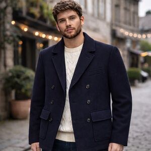 G-Star RAW Men's Navy Wool Blend Double Breasted Blazer - Size L - Pea Coat